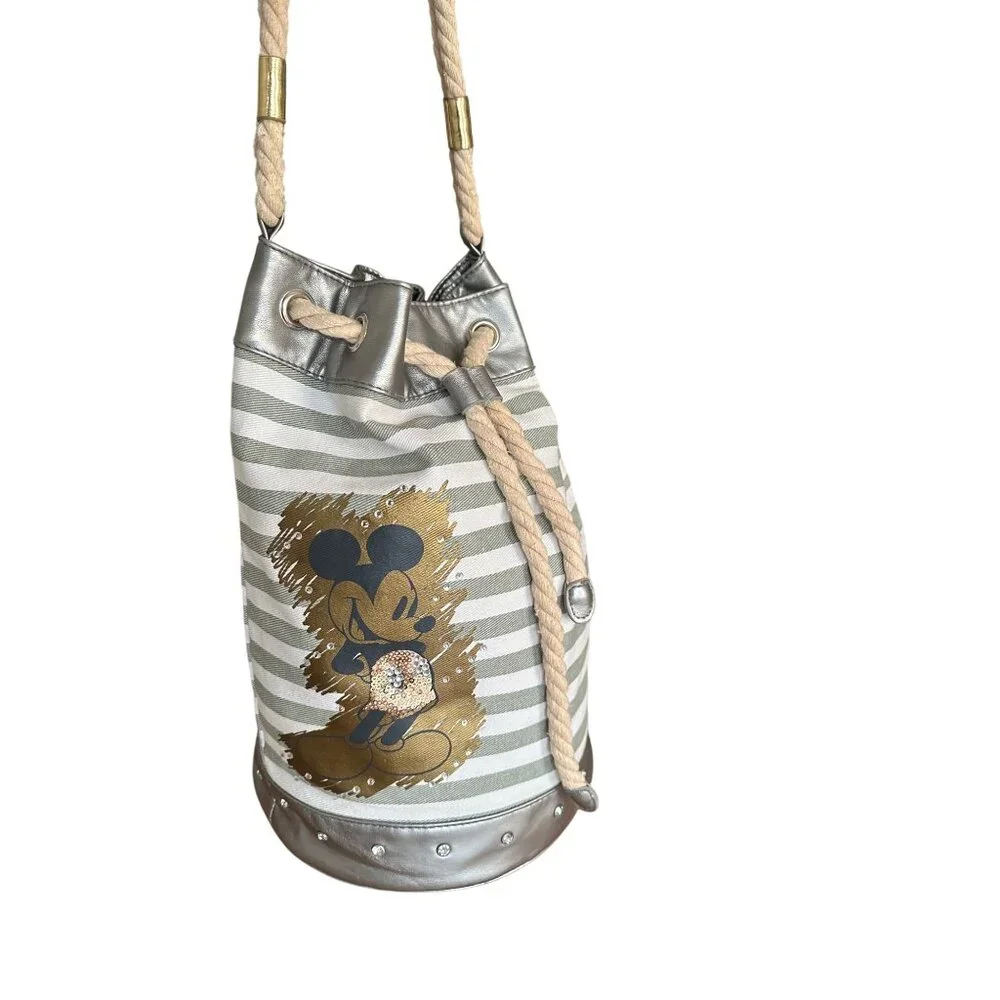 Disney Mickey Mouse Canvas & Faux Leather Bucket Bag With Rope Handle Rusack